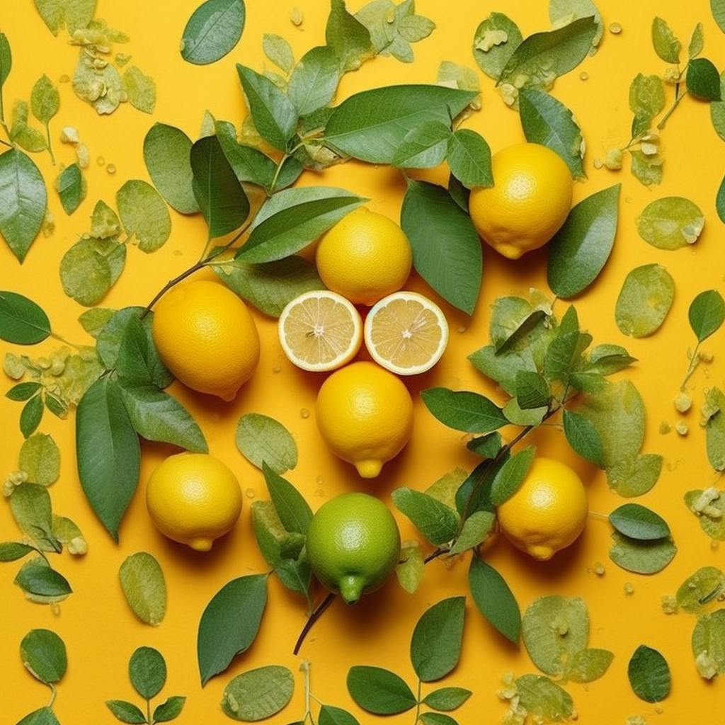 Flat Lay Image of Lemons and all the parts of the lemon plant